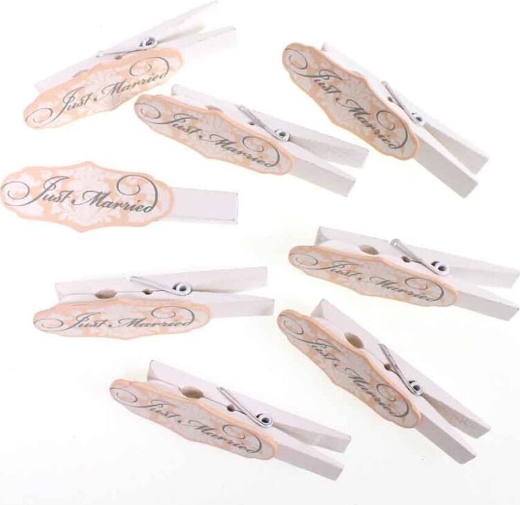 8 Zwicker 7cm Wäscheklammer Holz Deko Klammmer Tischkartenhalter Hochzeit Spruch, Ausf:creme-Just Married