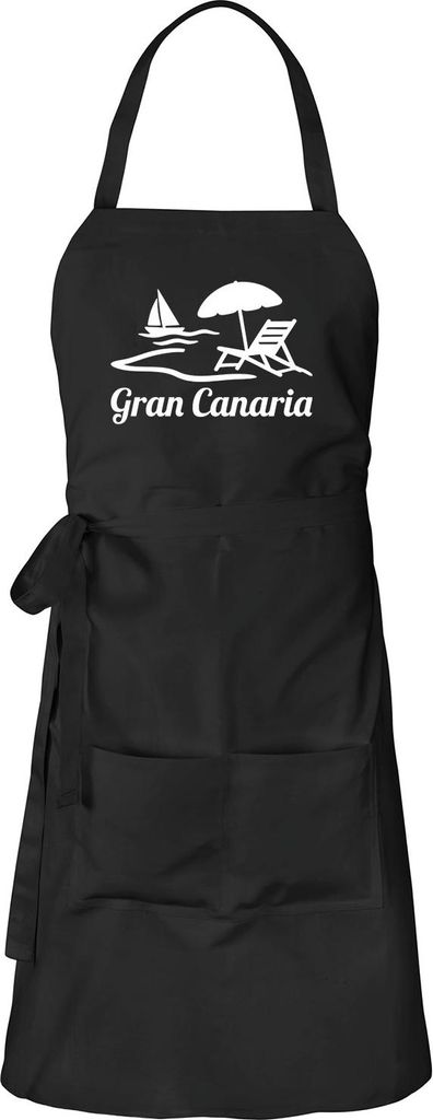 Huuraa Schürze Gran Canaria Inselmotiv Spanien Schwarz mit Taschen Baumwolle Kochschürze Geschenkidee