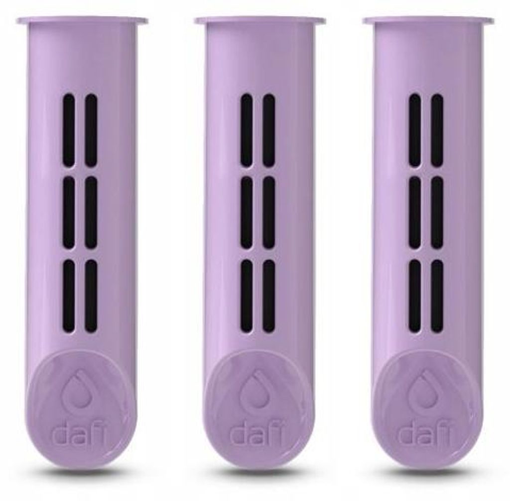 Three purple water filter cartridges are arranged side-by-side against a white background.