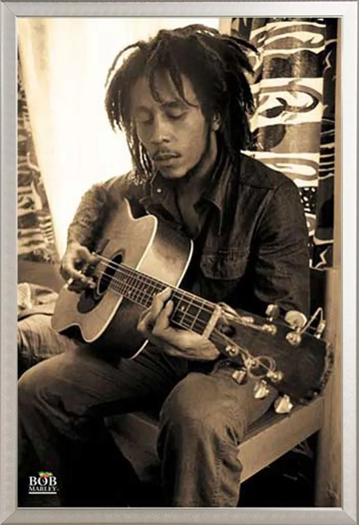 Poster Bob Marley avec Cadre Rigide en Alu Argenté Anti-Poussière
