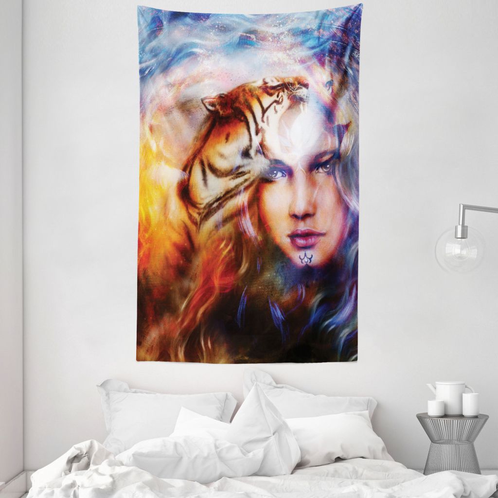 ABAKUHAUS Fantasie Wandteppich und Tagesdecke, Tiger und Löwe-Kopf aus Weiches Mikrofaser Stoff Waschbar ohne Verblassen Digitaldruck, 140 x 230 c...