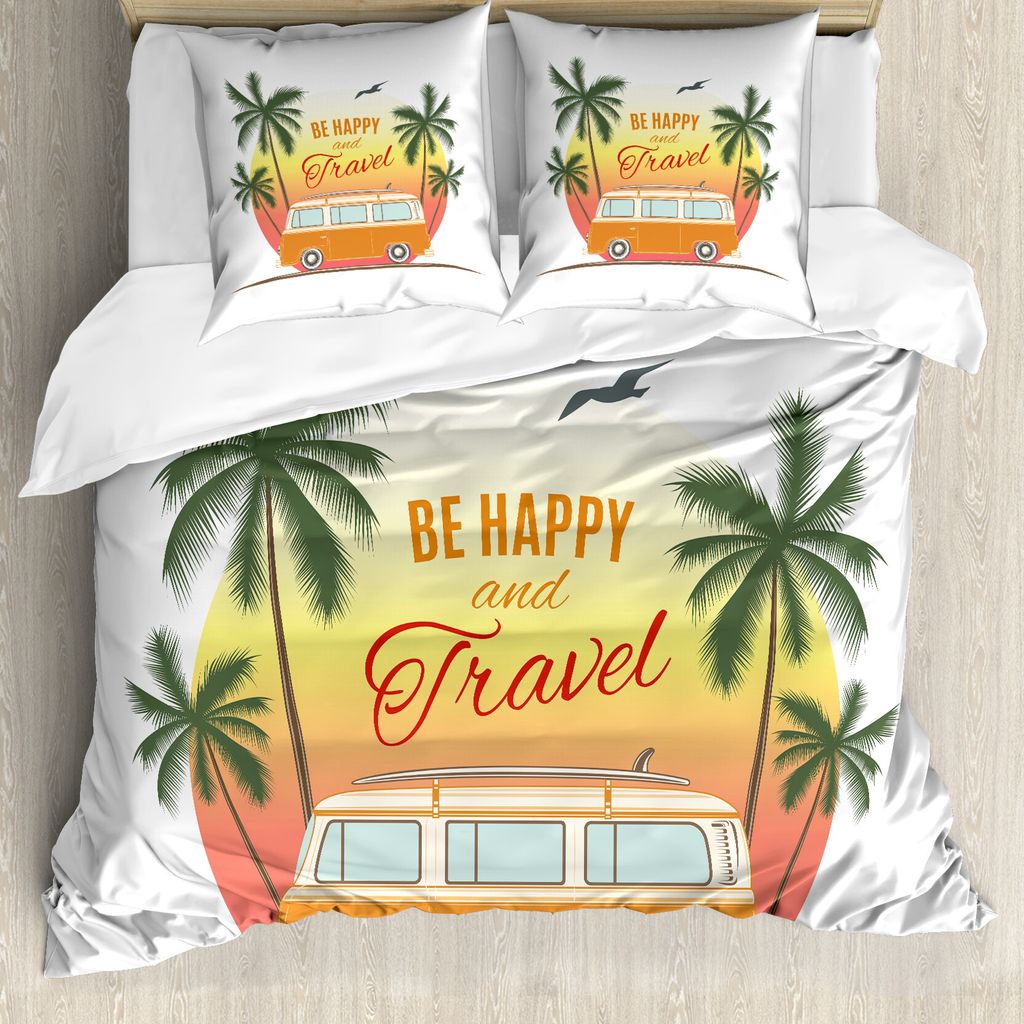 ABAKUHAUS Surfen Bettbezug, Retro Palms e 60s, Milbensicher Allergiker geeignet mit Kissenbezügen, 200 cm x 200 cm - 80 x 80 cm, Orange, Grün, Gelb