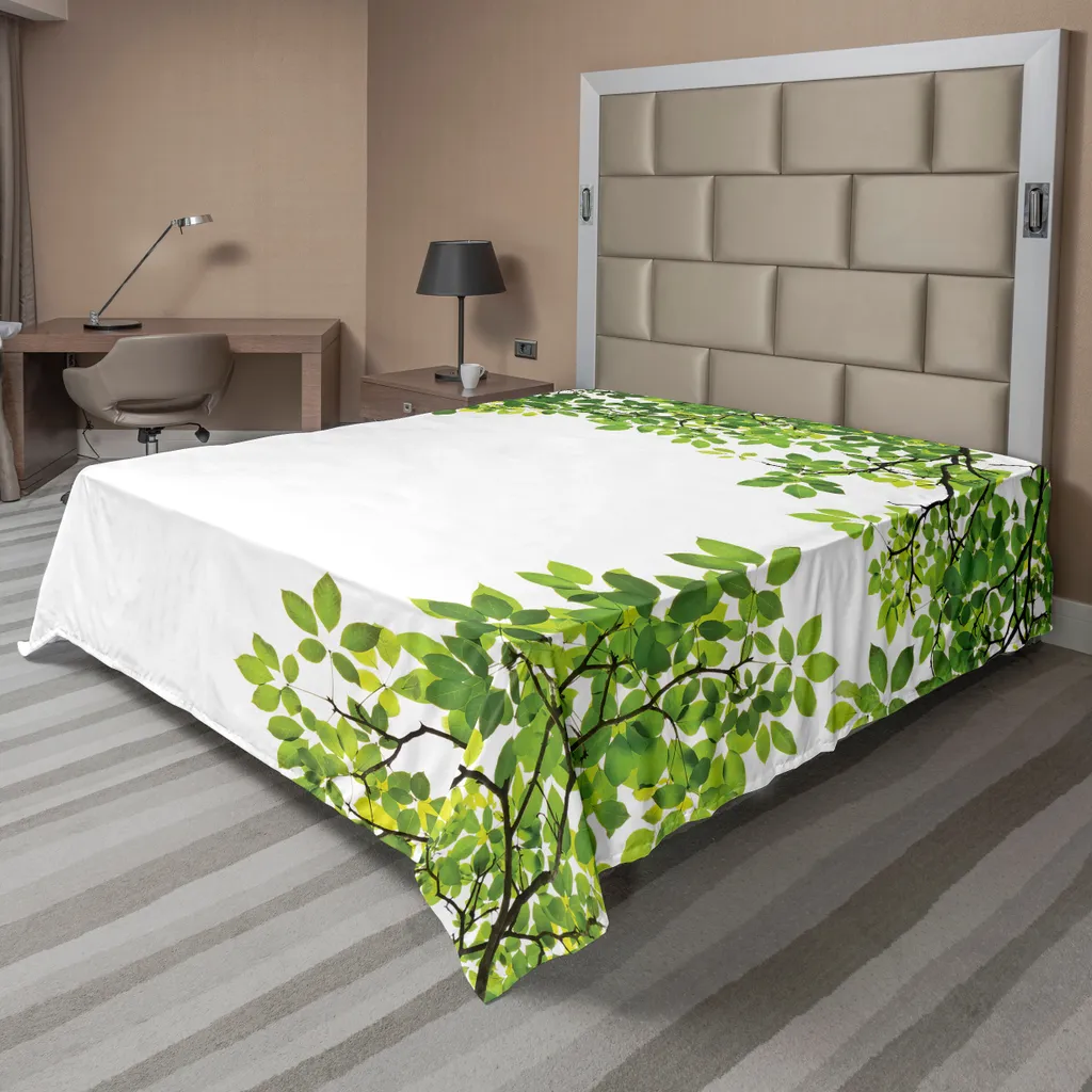 Lenzuolo ABAKUHAUS 266x260 cm Foglie Verdi e Bianche - Microfibra Soft