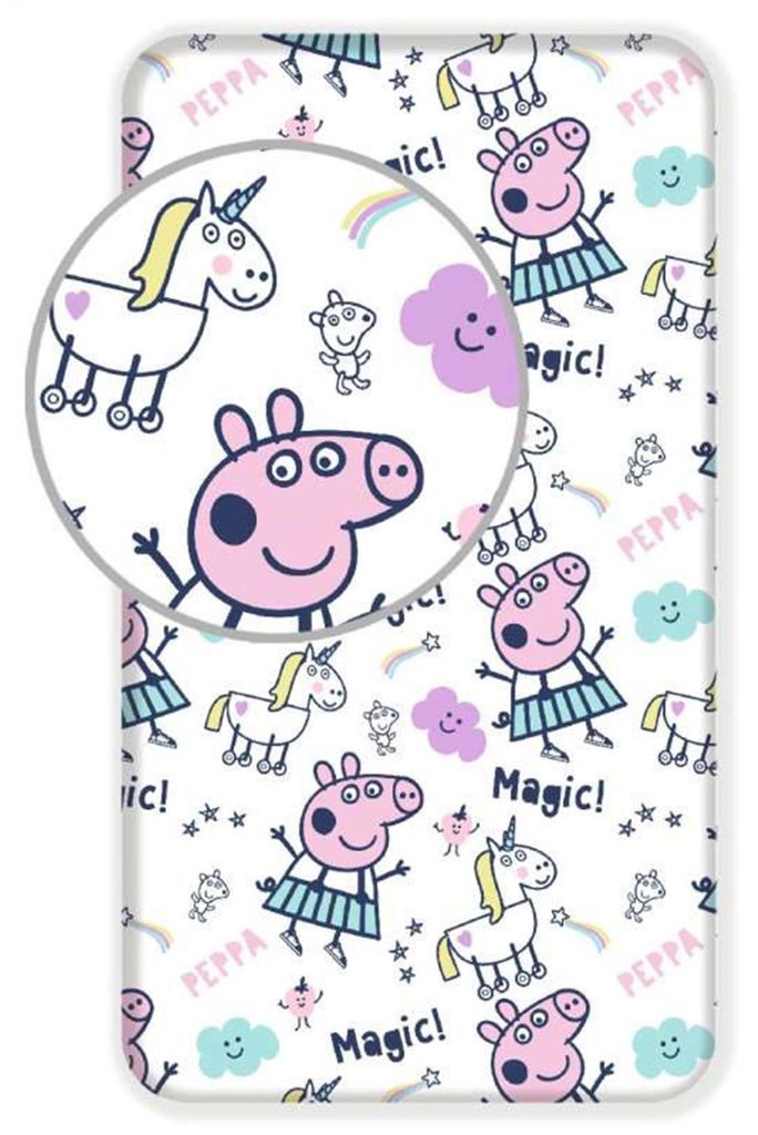 Peppa Pig, Peppa Wutz, Einhorn, Teddy, Wolken, Sterne, Magic!, Regenbogen-Sternschnuppe, Spannbettlaken für Einzelbett 90x200 cm + 25 cm, 100% Bau...