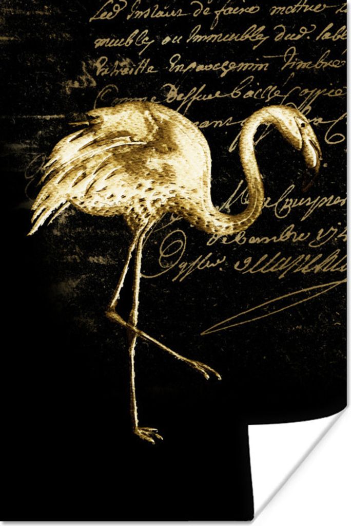 MuchoWow Poster Flamingo - Illustration - Gold 80x120 cm - Papierdruck