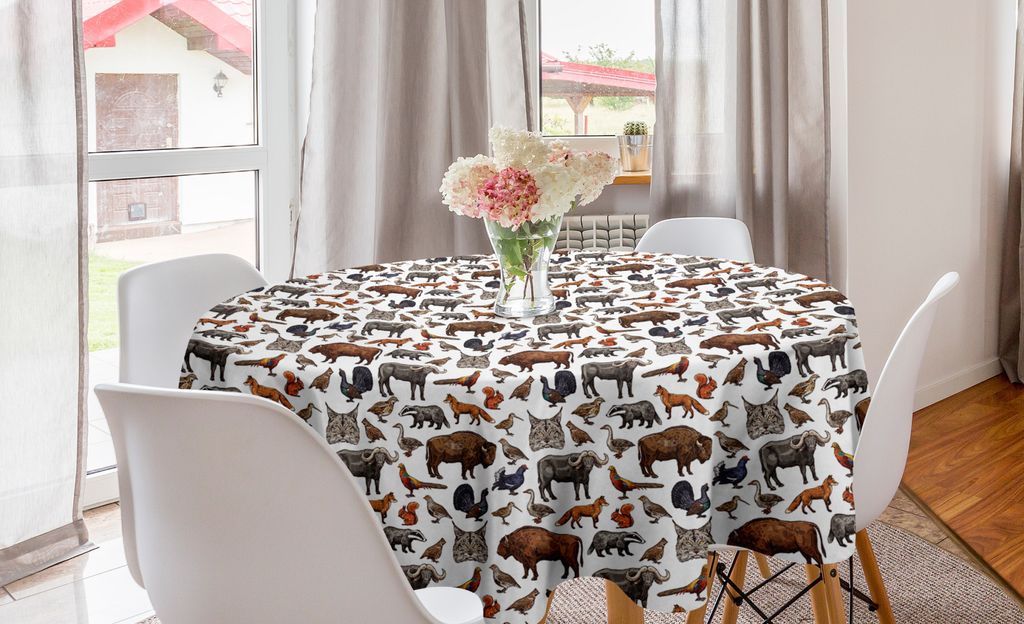ABAKUHAUS Skizzieren Runde Tischdecke, Wildlife Tiere Zoologie, Kreis Tischdecke Abdeckung für Esszimmer Küche Dekoration, 150 cm, Mehrfarbig