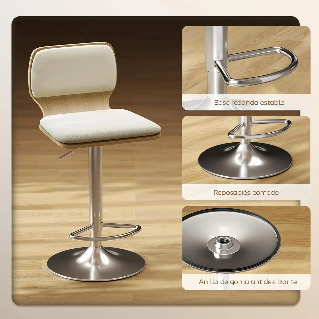 Tabourets de Bar Confortables en Lin avec Dossier et Base Stable Beige - 8