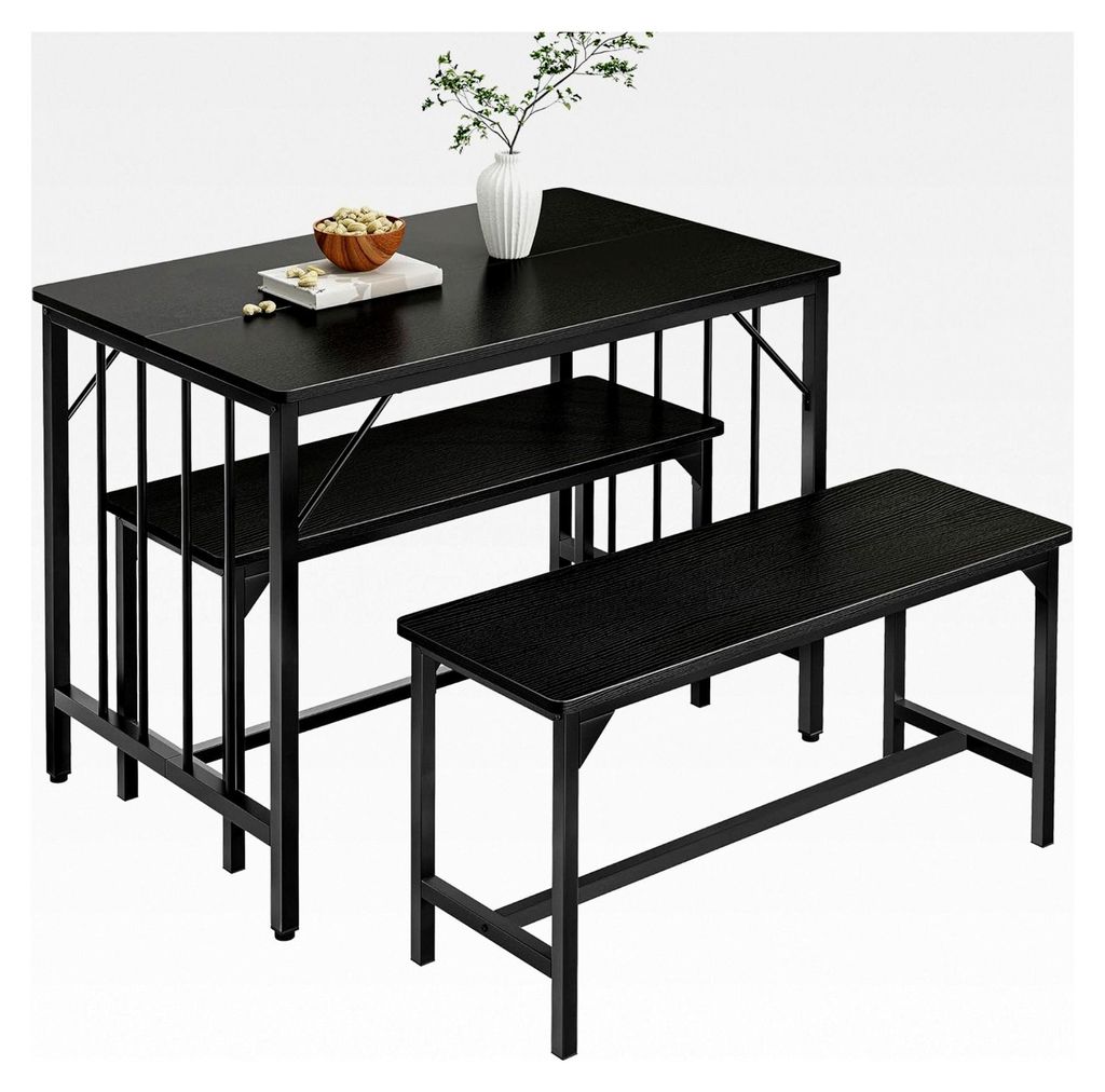 Esstisch mit 2 Stühlen Set, 3-teiliges Esszimmer-Set mit Bank, platzsparendes Frühstückstisch-Set, Esszimmermöbel für Küche und Wohnung, Schwarz