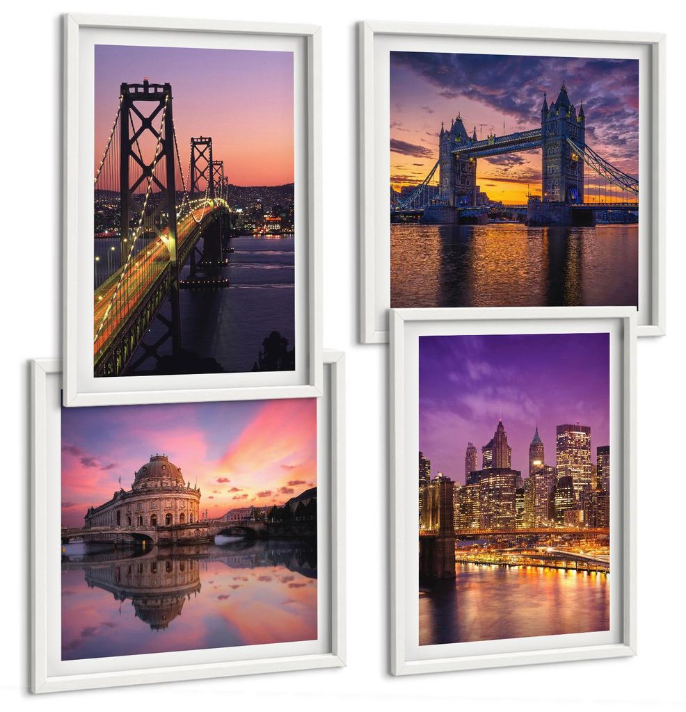 Bilder Set 4-teilig im Goldrahmen Rahmen – Wandbilder 4 Stück – gerahmte Poster für Wohnzimmer, Schlafzimmer und Flur – 50x50 cm - 40x60 cm...