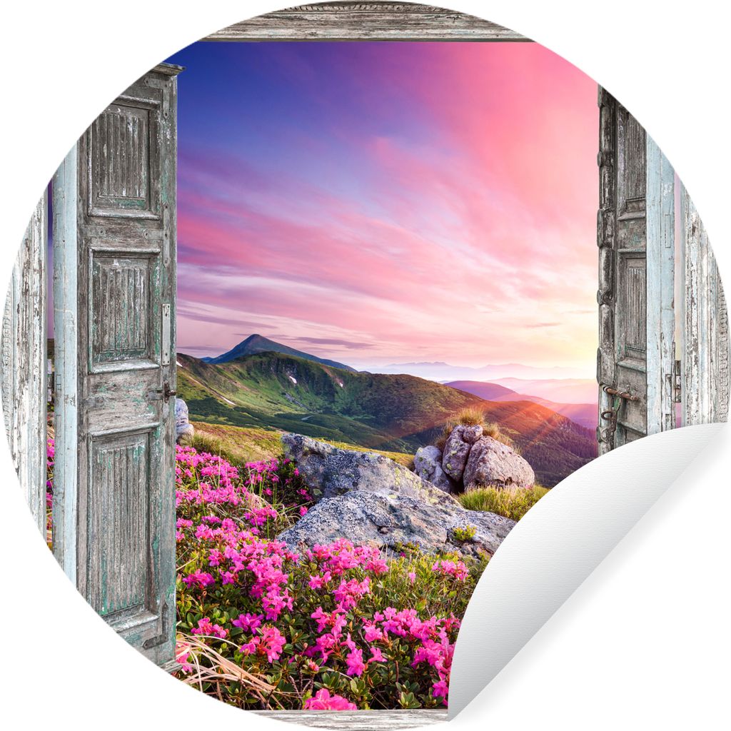 MuchoWow Runde Wandtattoo - Wandsticker Tapete Aufkleber Berge - Landschaft - Aussicht - Blumen Ø 50 cm Selbstklebend und Repositionierbar - Wan...