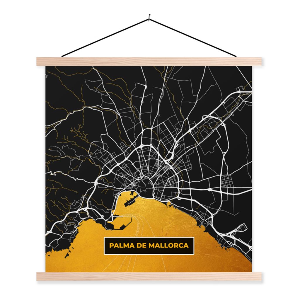MuchoWow Textilposter Mallorca - Stadtplan - Gold - Karte 120x120 cm mit holzfarbenen Rahmen - Textil-Poster