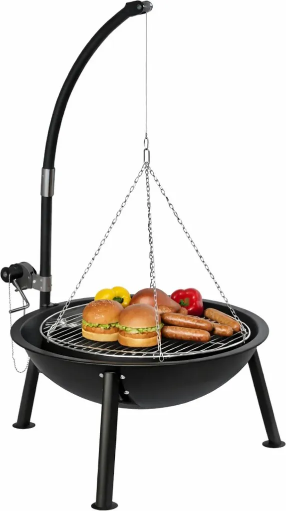 Barbecue suspendu type grue avec treuil réglable et grille chromée