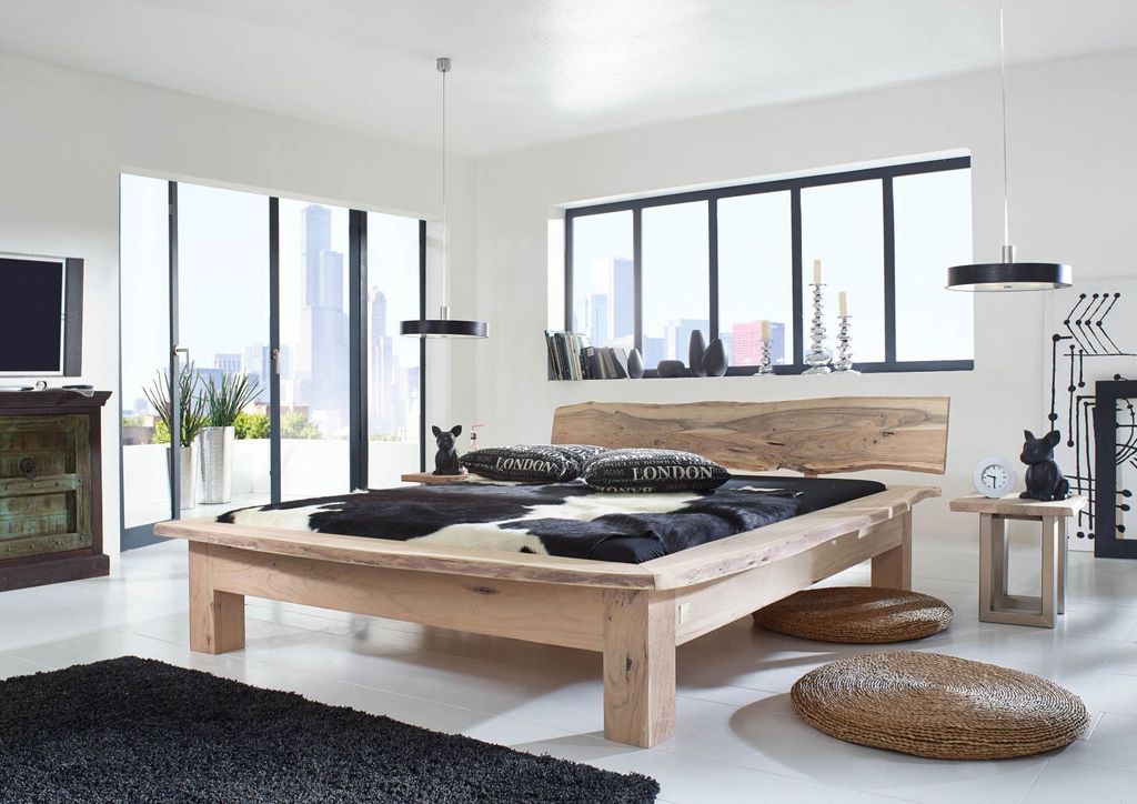 Bett Akazie 160x200x79 Natural Stone lackiert / sandgestrahlt FREEFORM #123