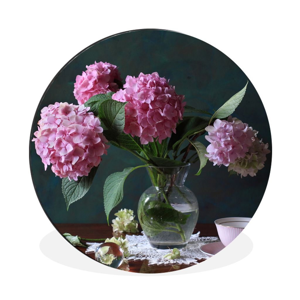 MuchoWow Aluminium Wandkreis Stilleben Hortensien und Teetasse auf Tisch Ø 90 cm Wanddeko Modern Wohnzimmer - Mauerkreis - Wandbilder - Runde Bi...