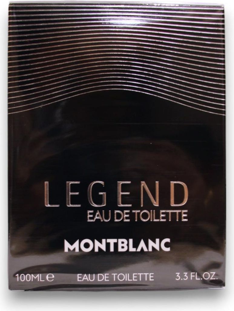 The image shows the front of a Mont Blanc Legend eau de toilette box.