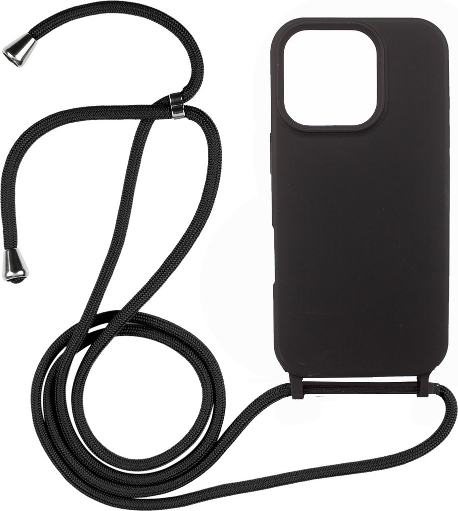 Handyhülle Schwarz mit Handykette Band für IPhone16 Pro Silikon Schutzhülle Case Zum Umhängen