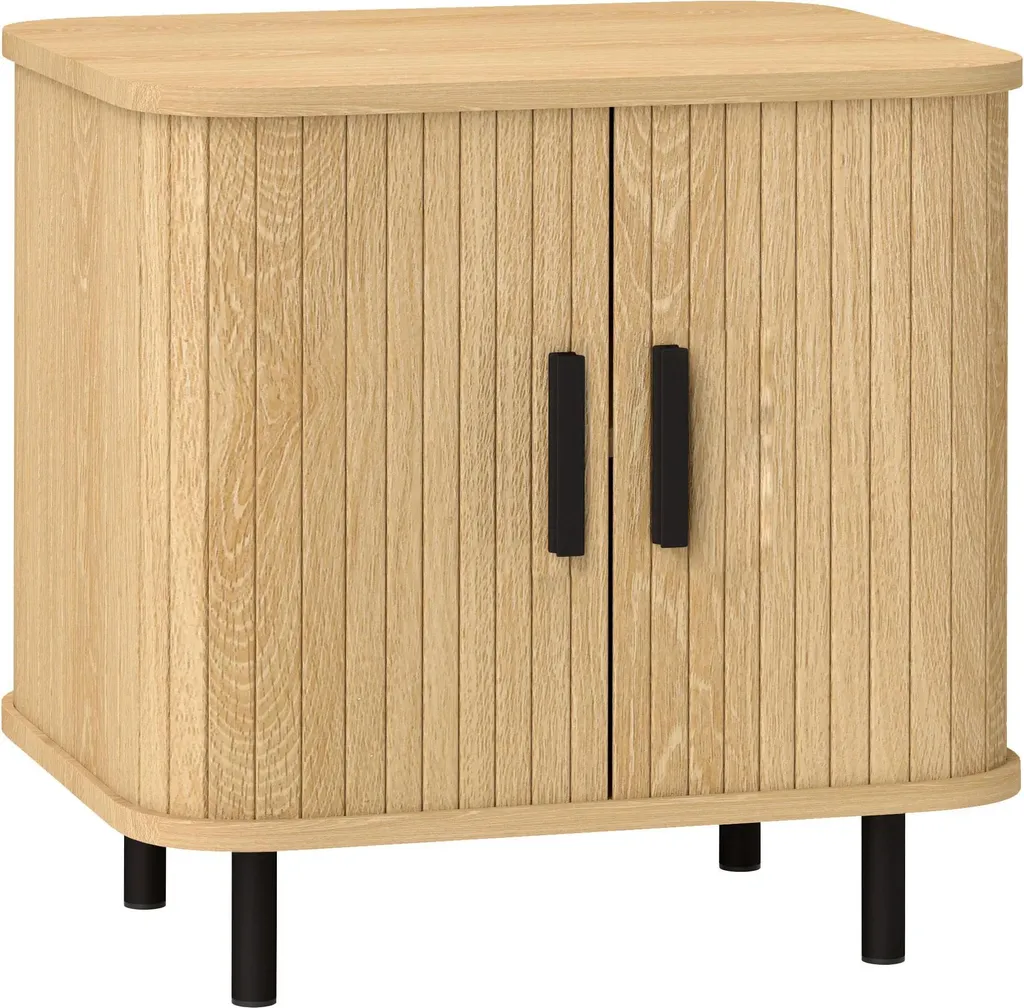 Table de nuit à portes coulissantes en bois naturel et pieds en acier