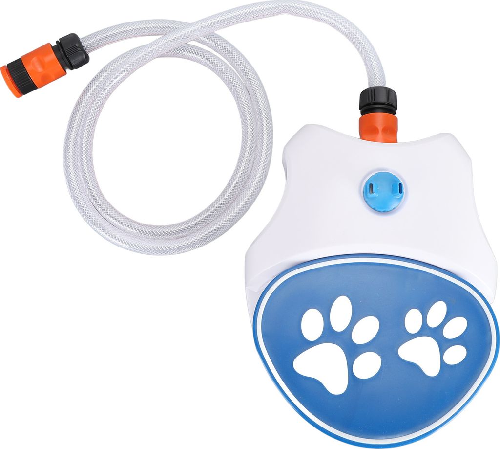 A white and blue pet water dispenser with a clear hose attached.