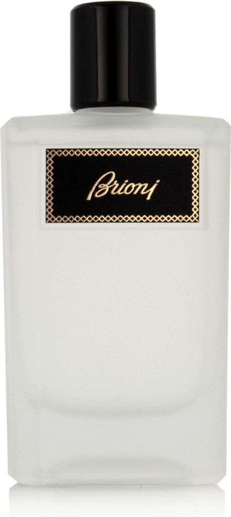 A white frosted glass bottle of Brioni Eau de Parfum Eclat with a black cap and a black label with gold trim and text.