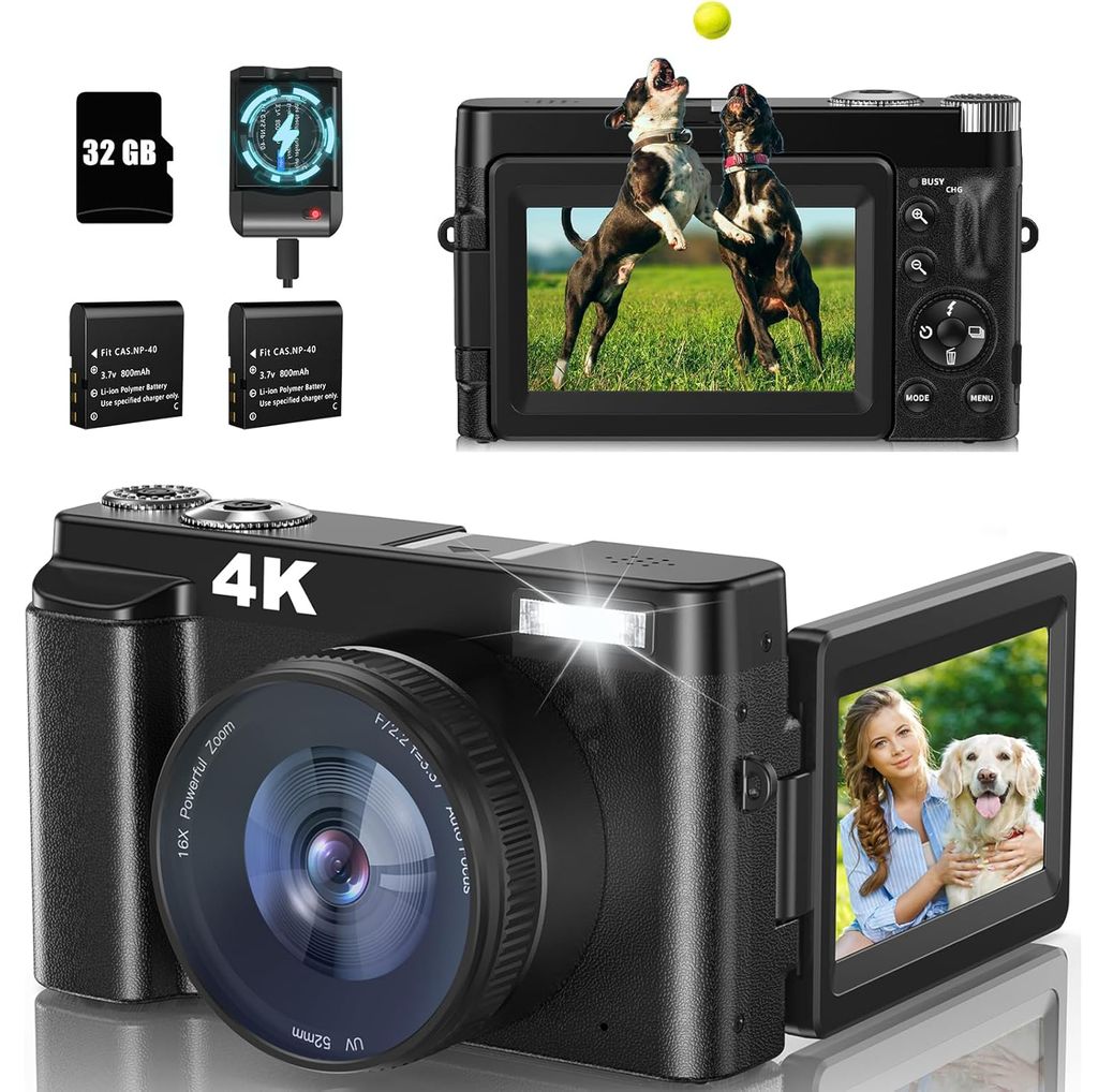 Digitalkamera, 4K 48MP 16X Digital Zoom Fotoapparat, 180° Flip Screen Kompaktkamera, Tragbare Retro Kamera, mit 2 Batterien, 32GB Karte