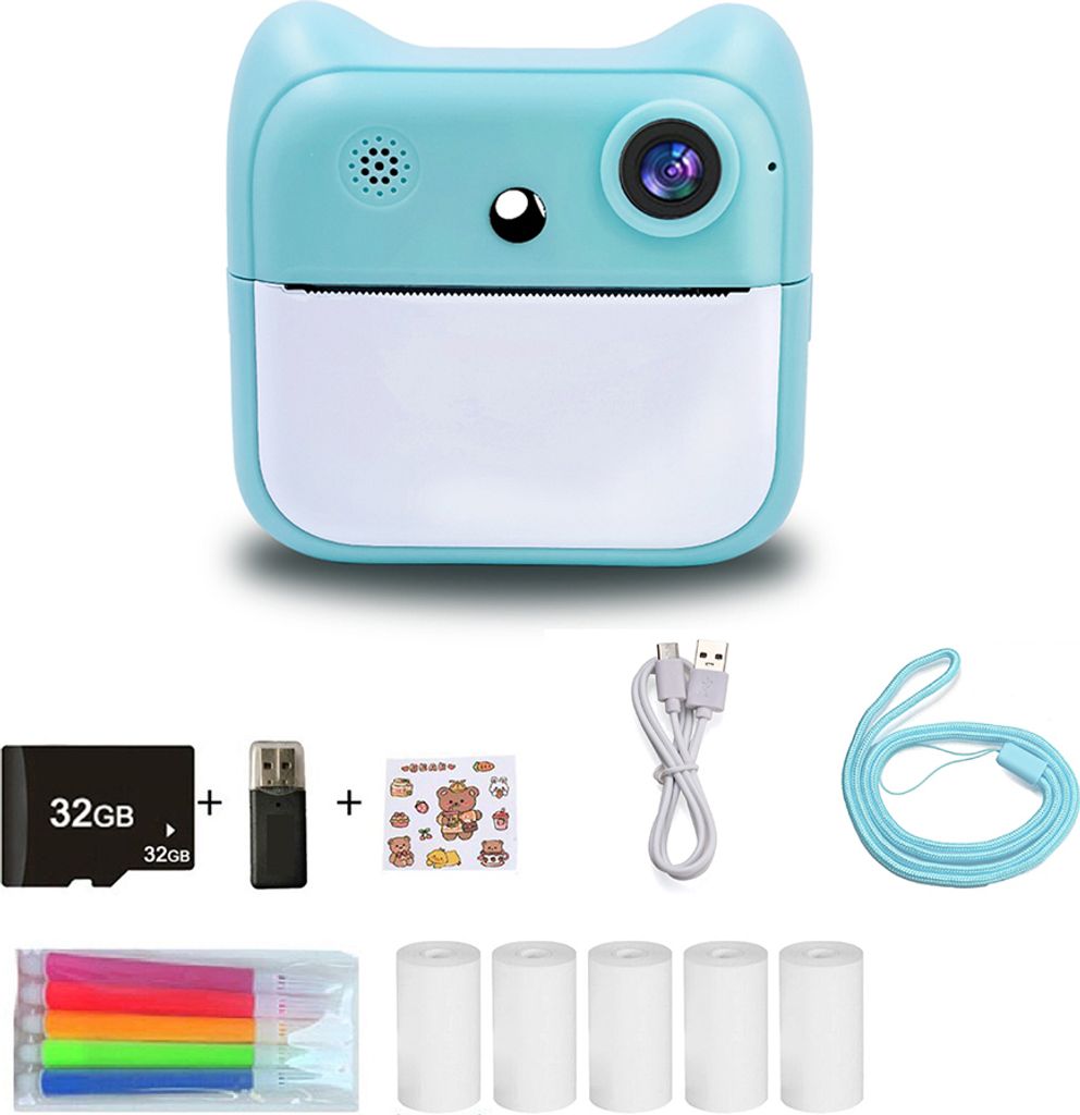 Kinder-Sofortbildkamera mit 32GB Speicherkarte, Doppelobjektiv, Audio- Videoaufnahmen, Thermodrucker mit 5 Thermopapier, 5 Farbstifte, Kartenleser usw