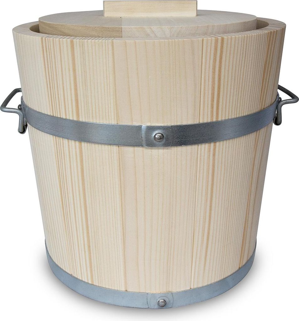 KERAZO 10L Holz Gäreimer mit Pressdeckel, Haltegriffen, Metallumreifung - Holzfass zum Fermentieren von Sauerkraut und Gurke, Weißtanne