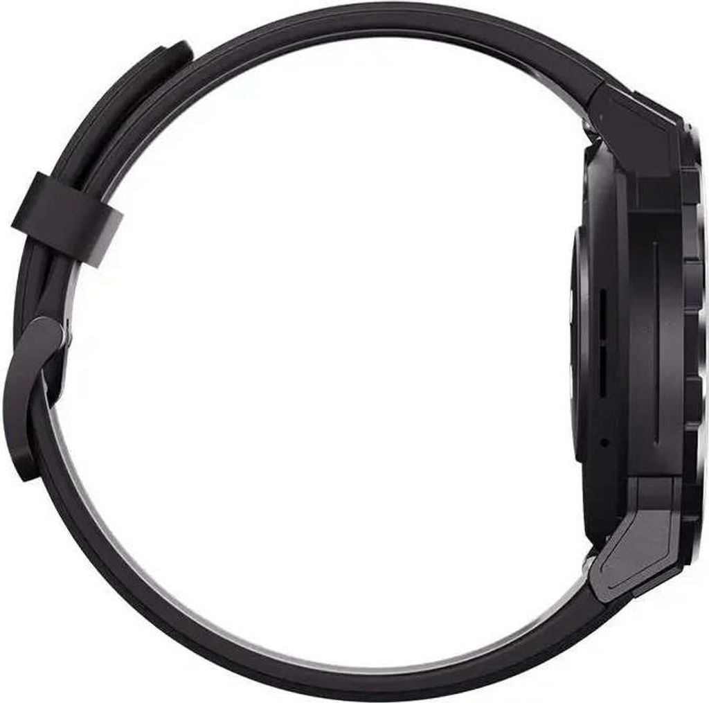 Side view of a black smartwatch with a black strap.