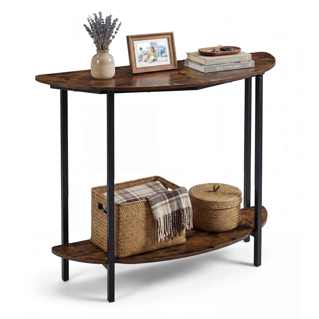 Table d'entrée semi-circulaire 100cm, console de couloir 2 niveaux marron