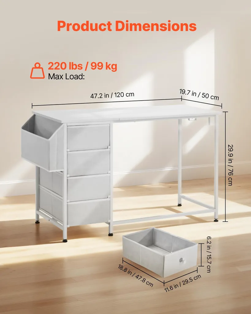 Table d'ordinateur VEVOR 120x50 cm blanche avec tiroirs et crochets - 3