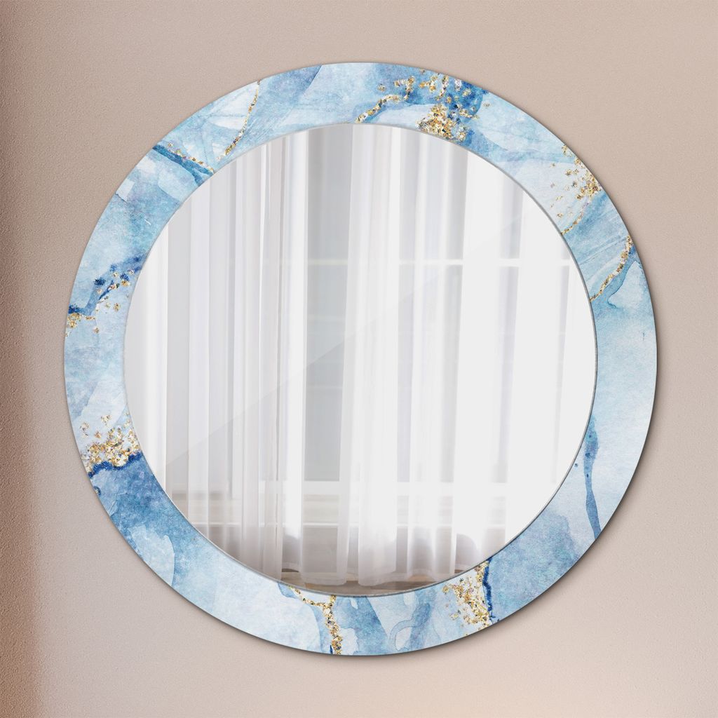 Kosmetikspiegel Spiegel - Flurspiegel - Spiegel mit Modischem Print – Dekospiegel - Blau Marmor mit Gold - Runder: Ø70cm