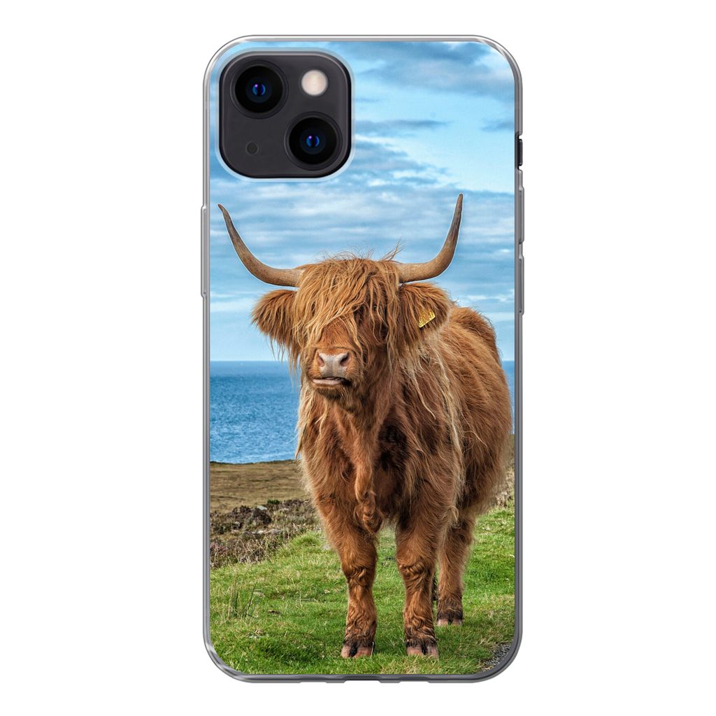 MuchoWow Handyhülle Schutzhülle Hülle für iPhone 13 Schottischer Highlander - Wasser - Hörner Silikon Softcase Handy Hülle - Karteninhaber