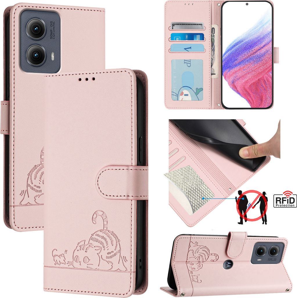 Leder Hülle für Motorola Edge (2024) Süße Katze Flip Case Brieftasche Schutzhülle mit Standfunktion Pink