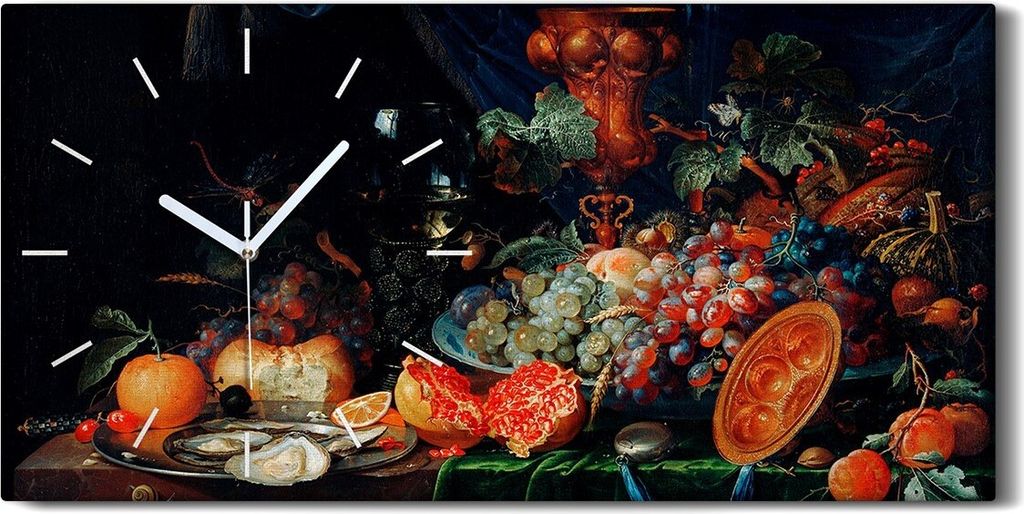 Wandkunst Leinwand Bild Uhr 60x30 Stilleben Obst Austern einer Porzellan Schale - weiße Hände