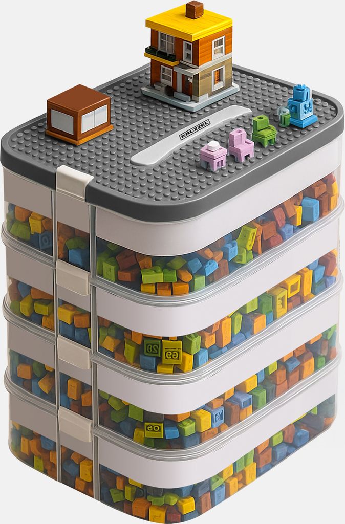 KRUZZEL Aufbewahrungsbox mit Deckel 4 Stöckige Stufen Bausteine Boxen 29 L - Kisten Aufbewahrung mit Deckel für Lego Transparent - Die Box enthä...