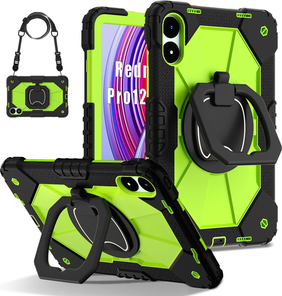 Hülle für Xiaomi Poco Pad / Redmi Pad Pro 5G Robuste Tragbare Schutzhülle mit Ständer, Handgurt und Schultergurt Schwarz Grün