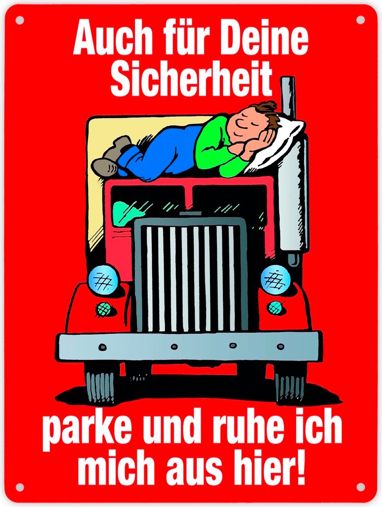 Ruhezeit für LKW-Fahrer Comic Metallschild XL in 21x28 cm in rot
