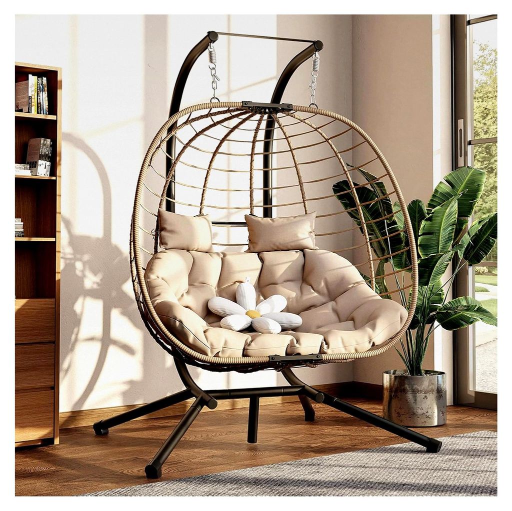 Doppel-Hängesessel mit Gestell und Kissen, wetterfestes Rattan für 2 Personen, Schaukelsessel für Garten, Balkon, Terrasse, Innen- und Außenber...
