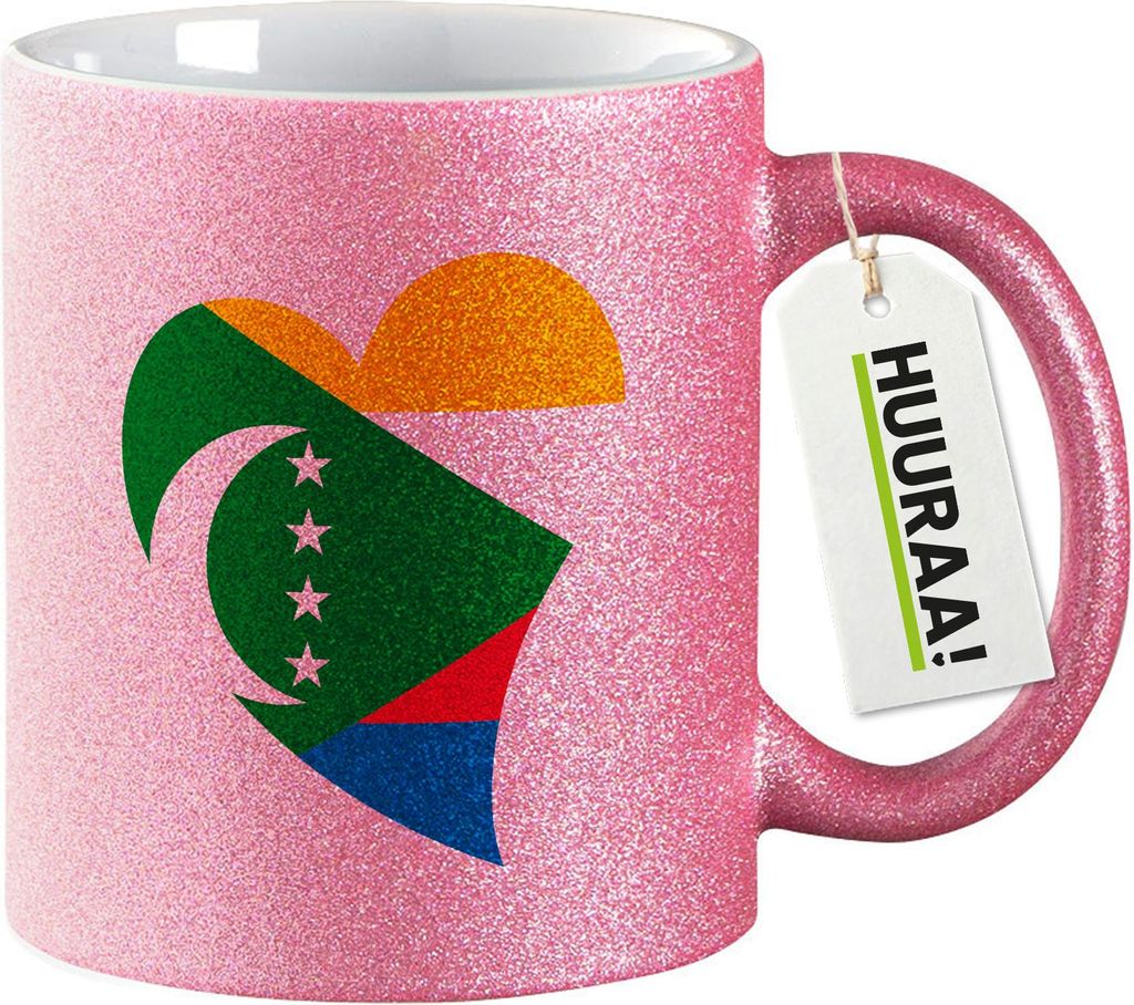 Huuraa Glitzertasse Komoren Flagge Herz 330ml Pink Keramik Kaffeebecher Geschenkidee