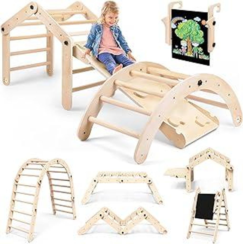 7-in-1 Montessori Klettergerüst Indoor Set: Verformbares Kletterdreieck mit Rutsche, Kletterbogen und Kreidetafel, Ideal für Baby- und Kleinkinde...