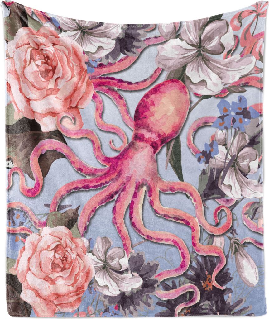 ABAKUHAUS Tintenfisch Weich Flanell Fleece Decke, Aquarell-Stil Vintage inspirierte Muster mit Octopus und Empfindliche Blumen, 175 x 230 cm, Mehrf...