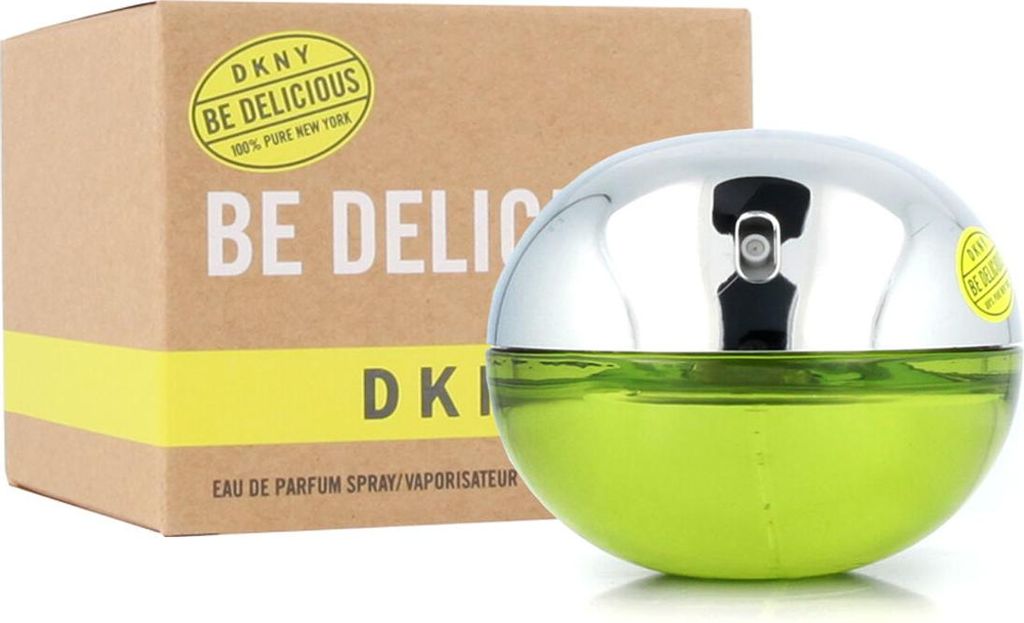 A bottle of DKNY Be Delicious perfume and its packaging are displayed against a white background.