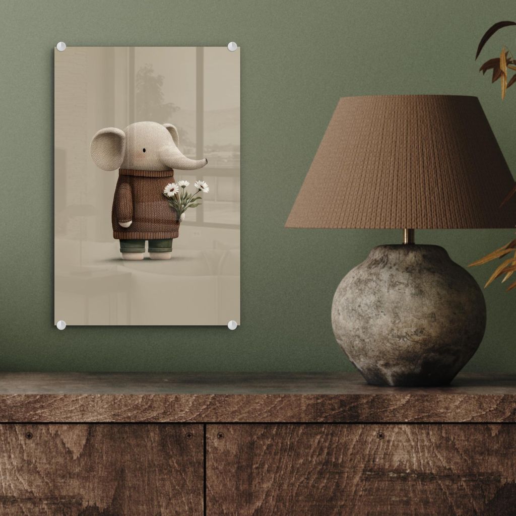 MuchoWow Glasbilder - Bilder auf Wandbild - Foto auf Glas Elefant - Weiße Blumen - Kinderfreundlich 20x30 cm Wanddekoration aus Glas - Acrylglasbi...