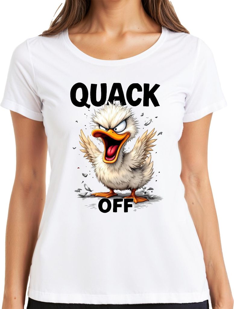 QUACK OFF lustige wütende Ente frech Cartoon Spruch sarkastisch Damen T-Shirt, Weiß, M