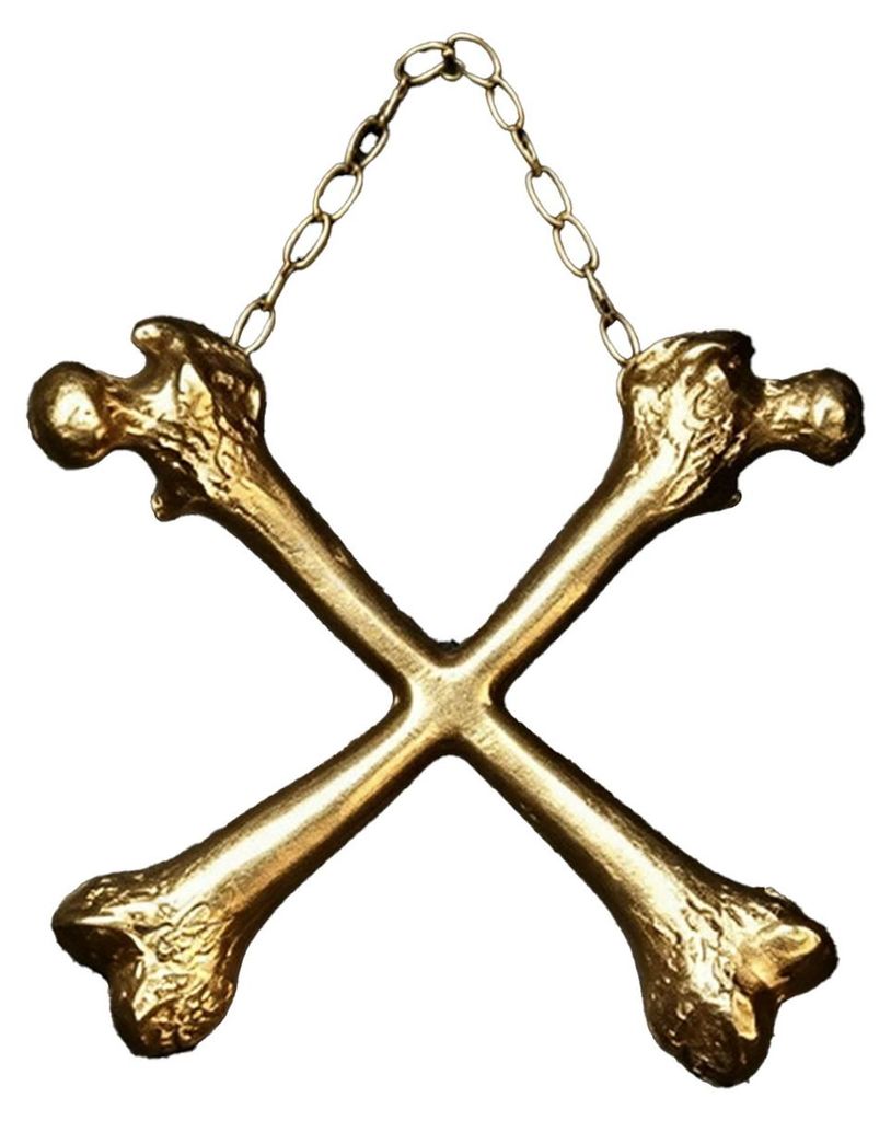 Knochenanhänger, fein geschnitzt, gekreuzte Knochen, gotischer Stil, Wandbehang, Ornament, dunkle gotische Wohnaccessoires