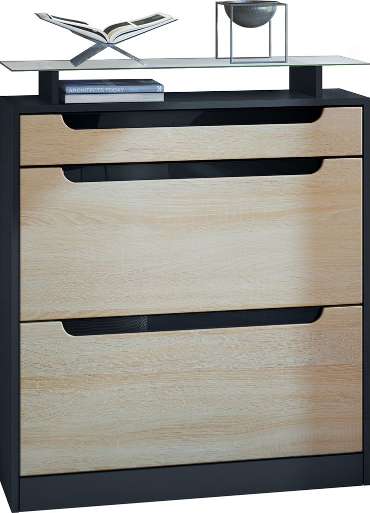 Vladon Schuhschrank Fiesta, Schwarz matt/Eiche sägerau/Schwarz Hochglanz - Schuhkipper für 16 Paar Schuhe (89 x 104 x 23 cm)