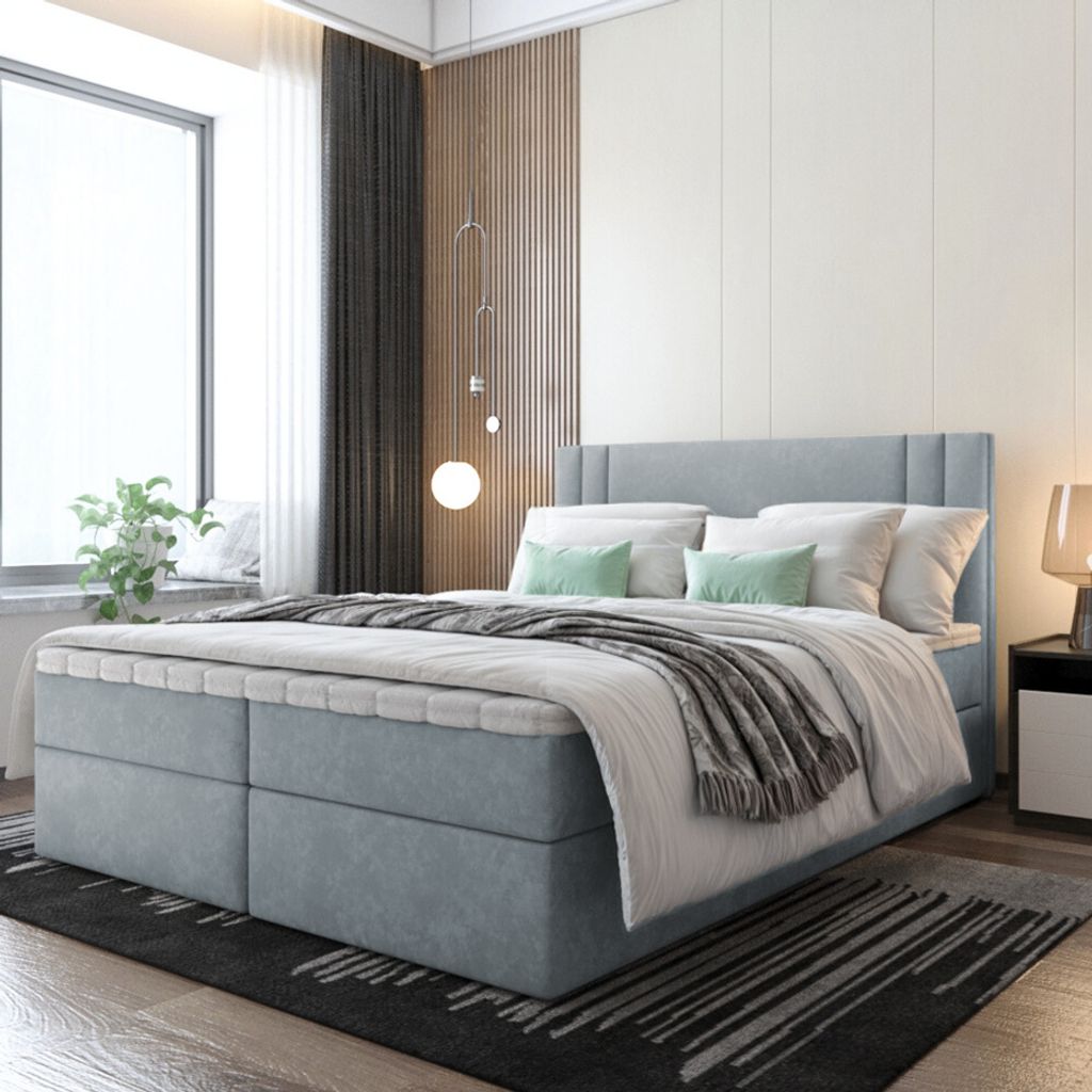 Bett Boxspringbett BEST, Mit Topper T25 und Bettkästen - Doppelbett, Stauraum, Schlafzimmer, Polsterbett, Bettgestell (140x200, Grau - ITAKA 50)