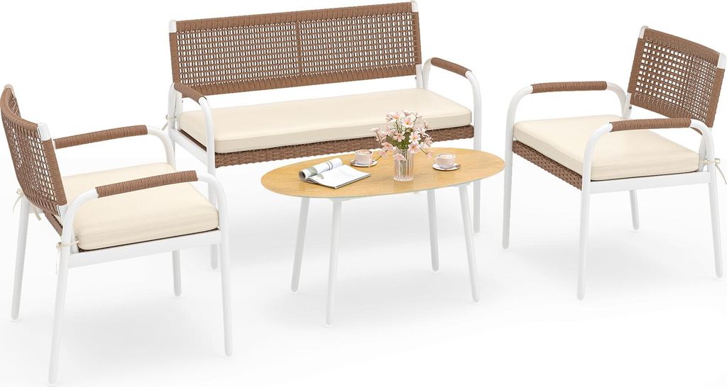 COSTWAY Polyrattan Gartenmöbel Set, Outdoor Lounge Möbel, Balkonmöbel, Sitzgruppe mit 2 Stühlen, Bank, Tisch & Kissen, Terrassenmöbel Gartenga...