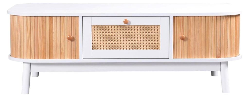 Weißer Rattan Couchtisch mit Stauraum, Natürlicher Landhausstil, Schubladen mit Rattan und Schiebetüren aus Massivholz, Massivholzbeine, 110 x 5...