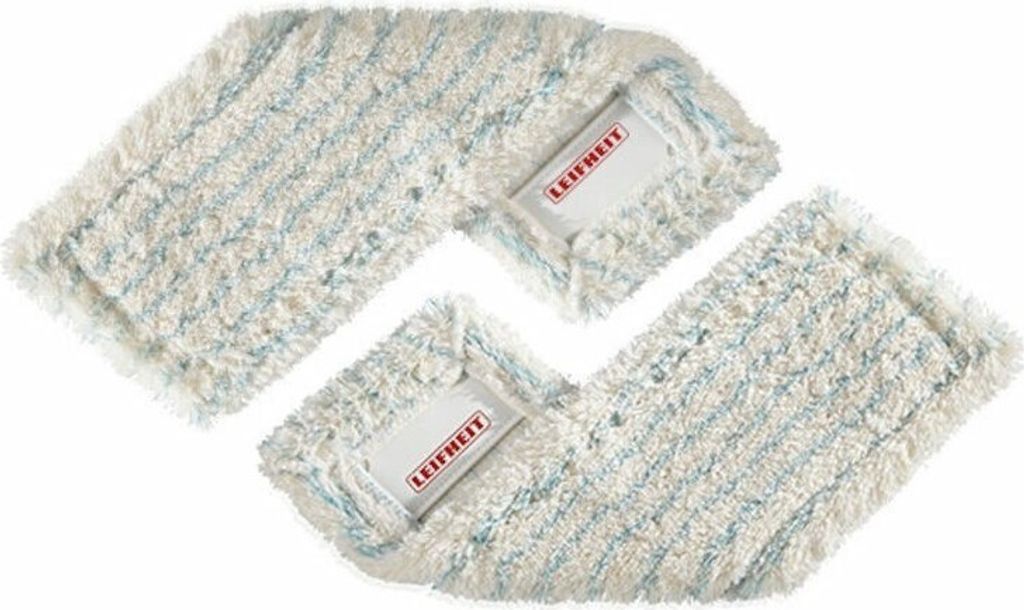 Two white mop heads with blue stripes and a Leifheit logo on each.