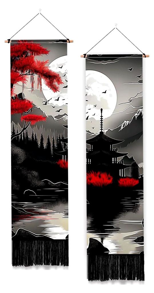 2er-Set Bergwald Wandteppich Silhouette Landschaft Loft Vertikaler Wandbehang mit Quasten Ästhetischer Wandbehang für Schlafzimmer Langer Schmale...